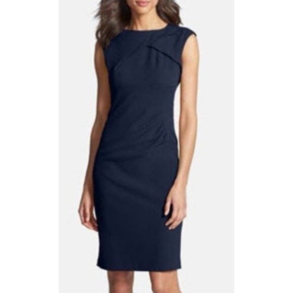 Adrianna Papell Dress 12 Navy Blue Stretch Sleeveless Sheath Career Church - Picture 1 of 10
